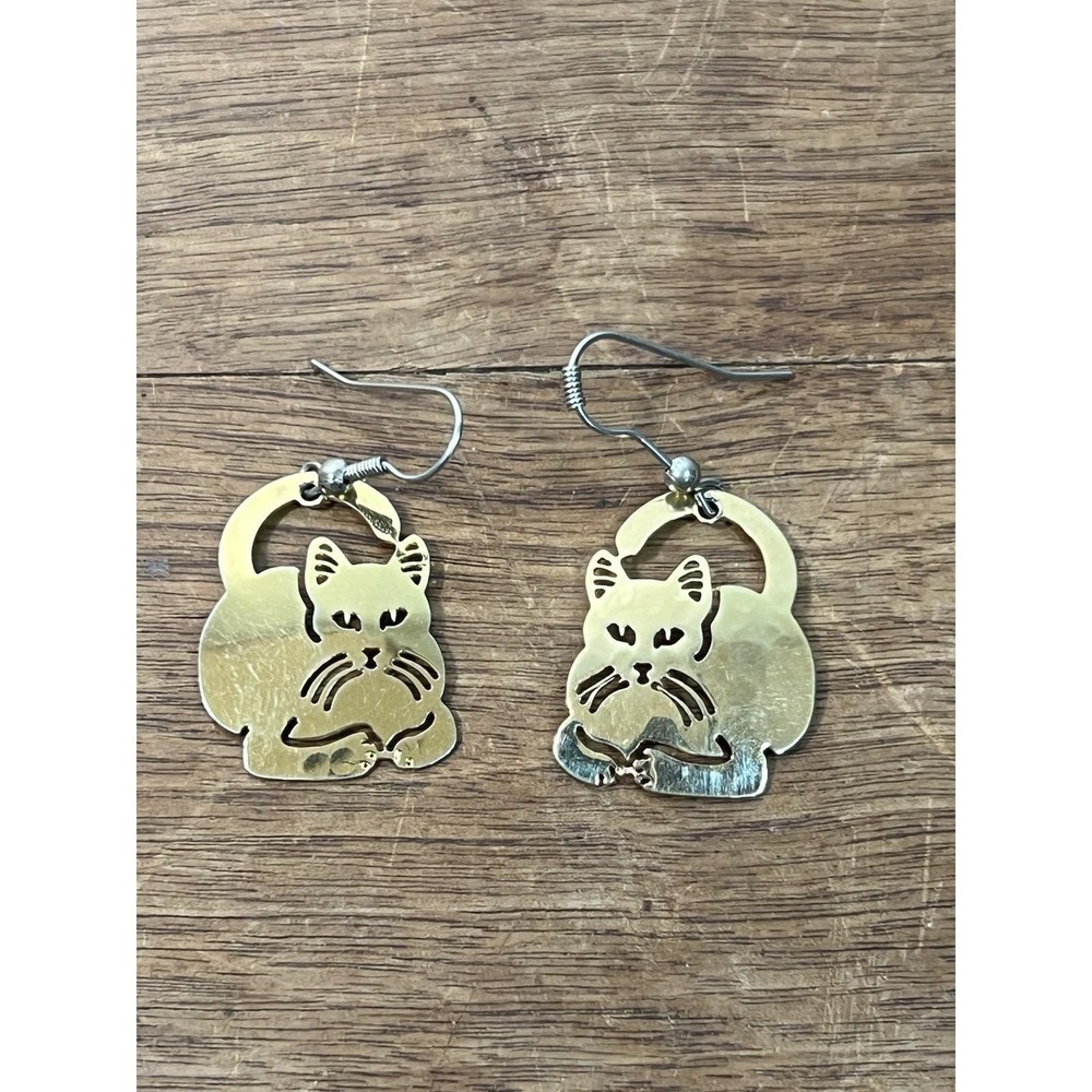 1" Tall Wild Bryde 18k PLATED Sleepy Cat Earrings  Dangle Charms Kitty